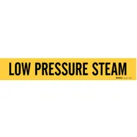 Yellow adhesive pipe marker with black legend reading 'Low Pressure Steam'. Fits pipe outer diameters from 2-1/2 to 7-7/8 inches. Supplied without arrows. Used to identify low pressure steam piping in industrial facilities