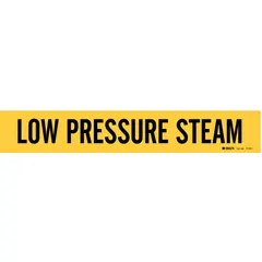Yellow adhesive pipe marker with black legend reading 'Low Pressure Steam'. Fits pipe outer diameters from 2-1/2 to 7-7/8 inches. Supplied without arrows. Used to identify low pressure steam piping in industrial facilities.