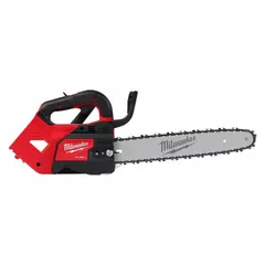 This battery-powered chainsaw features a 14-inch bar and top handle design for maneuverability. It includes an automatic chain oiler and operates on 18 V DC power. The tool is supplied without battery or charger. Typical applications include pruning, limbing, and light tree care.