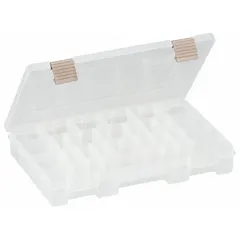 This clear plastic compartmented box features 24 compartments and 20 adjustable dividers for customizing storage layout. It is suitable for organizing small parts such as screws, nuts, beads, or craft supplies in workshops, garages, and industrial settings. The box is not electrostatic discharge conductive.