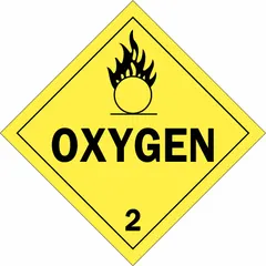 Class 2: Gases placard for identifying containers holding oxygen. Measures 10 3/4 in x 10 3/4 in. Used for shipping and storage of compressed gases.