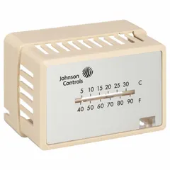 Beige plastic cover for Johnson Controls T-4000 series pneumatic thermostats. Includes built-in thermometer, setpoint window, and logo. Designed for horizontal mounting. Used as a replacement accessory in commercial HVAC pneumatic control systems.