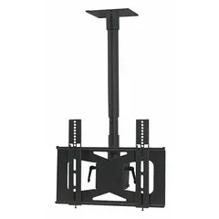 This full-motion ceiling mount accommodates 27 to 42 inch screens with a maximum load of 100 lb. Constructed from powder-coated black steel, it includes mounting hardware for installation. Suitable for applications requiring adjustable viewing angles from a ceiling position.