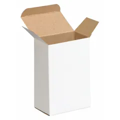White fibreboard reverse tuck cartons with inside dimensions of 4 in length and 2 1/2 in width. Supplied in packs of 250. Suitable for packaging, storing, and shipping lightweight items such as small parts or retail products.