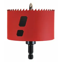 Multi-material-cutting hole saw with attached arbor, 3-7/8 in diameter, 5/6 teeth per inch, and 1-7/8 in maximum cutting depth. Thread size 5/8"-18. Suitable for cutting holes in wood, metal, and plastic for electrical, plumbing, and HVAC installations.