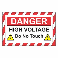 This plastic safety sign warns personnel of high-voltage electrical hazards and prohibits touching. It measures 7 inches by 10 inches and features mounting holes for permanent installation. The sign is not reflective and does not glow in the dark, suitable for indoor or sheltered outdoor use in industrial settings where electrical danger exists.