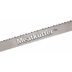 This hook-tooth blade is designed for cutting fresh meat and frozen food in industrial food-processing environments. It features a hook cutting edge, a blade width of 5/8 in, and a blade length of 142 in. The blade is suitable for use in band saws for butcheries, meatpacking facilities, and commercial kitchens.