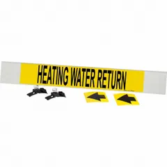 Yellow fiberglass carrier-mounted pipe marker with black legend text reading 'Heating Water Return' and directional arrows. Designed for pipes with an outer diameter of 8 inches and larger. Includes strapping for secure mounting. Used to identify heating water return lines in industrial piping systems.