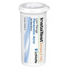 Single-parameter test strips for measuring peracetic acid concentration from 0 to 50 ppm. Each strip is 3 inches long, and the pack contains 50 tests. Used for on-site verification of peracetic acid levels in water treatment, sanitation, and disinfection processes.