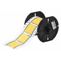 Polyolefin heat-shrink sleeve labels in yellow matte finish. Each label measures 1 inch by 2 inches and is designed for wire gauges from 2 AWG to 2 AWG. Compatible with the i3300 printer series for on-demand printing. Used for wire and cable identification in electrical panels, data centers, and manufacturing environments