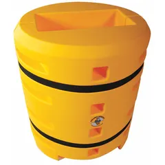 Yellow LLDPE column protector with square center, 42 in overall height. Compatible with round, square, and H-beam columns of exactly 12 in length. Used in warehouses and industrial facilities to shield columns from impact damage.