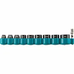 This 10-piece SAE impact socket set features a 3/8 in drive size and includes sockets from 5/16 in to 7/8 in. The friction retention design helps secure fasteners during use. Suitable for fastening and loosening nuts and bolts with impact wrenches or drivers in automotive, construction, and industrial maintenance applications.