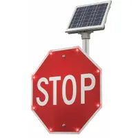 Solar-powered LED stop sign with diamond-grade retroreflective surface. Aluminum construction, 0.08 in thick, compliant with MUTCD code R1-1. Flashing LEDs enhance visibility at intersections and crosswalks