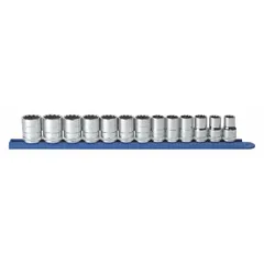 This metric socket set includes deep sockets and drive tools for fastening and loosening bolts and nuts. The deep socket design provides access to recessed fasteners in automotive repair, machinery maintenance, and industrial assembly.