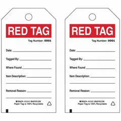 White paper rectangular tag measuring 3 in wide by 5 3/4 in high, 0.01 in thick. Pack of 100 tags printed in English, each with a wire tie for attachment. Used in 5S and lean manufacturing programs to identify items for removal, sorting, or disposal during workplace organization.