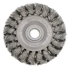 Twisted stainless steel fill brush designed for heavy cleaning of contoured stainless steel surfaces. Removes rust, scale, and weld splatter without damaging base material. Suitable for metal fabrication and maintenance tasks. 3" diameter, 3/8" width, 0.014" fill, fits 1/2" to 3/8" arbor.