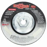 Depressed center cut-off wheel for carbon and stainless steel. Type 27 shape with 36 grit zirconia alumina abrasive. Measures 6 inches diameter, 0.09 inches thickness, 5/8-11 arbor hole. Suitable for fast, clean cutting in metal fabrication and repair work