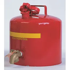 This Type I safety can is constructed from powder-coated steel in red and has a 5-gallon capacity. It is designed for storing and dispensing flammable liquids in industrial environments such as machining, maintenance, and chemical processing facilities.