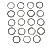 This 19-piece steel arbor shim assortment is used for precision spacing and alignment of machine components on shafts with a 1.25 in inside diameter. Each shim has a 1.25 in inside diameter and 1.75 in outside diameter, with thickness tolerance of +/-0.003 in, inside diameter tolerance of +0.011/-0.000 in, and outside diameter tolerance of +/-0.002 in