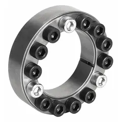 Metric keyless bushing for mounting components such as pulleys or sprockets onto a 24 mm shaft without a keyway. Multi-screw locking assembly provides mechanical clamping for torque transmission. Oil dipped steel construction. Outer diameter 50 mm, width 26 mm, no flange.