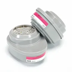 This combination cartridge/filter is NIOSH rated for chlorine (CL) gas. It features a bayonet connection for use with MSA 3000 Series reusable respirators. Supplied as a 2-pack, the cartridge/filter is color-coded magenta/white for identification.