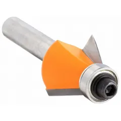 Carbide-tipped chamfer profile router bit with a 3/4 in cutter diameter and 2 flutes. Designed for cutting chamfer edges on wood, plywood, and composite materials. Suitable for decorative edge profiling, beveling, and creating angled joints in cabinetry, furniture, and trim work.