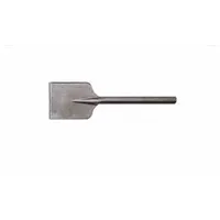 Chisel bit designed for breaker and demolition hammers. Features a 5 in head width, 17 1/2 in overall length, and 1 1/8 in shank diameter. Used for cutting asphalt in road repair, parking lot maintenance, and construction demolition