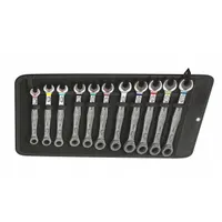 This set includes 11 metric 12-point ratcheting combination wrenches with head sizes ranging from 8 mm to 19 mm. The wrenches are constructed from alloy steel with a nickel chrome finish. The ratcheting box end allows for faster fastening without repositioning, while the open end is used for initial rundown. The set is supplied in a pouch for organized storage