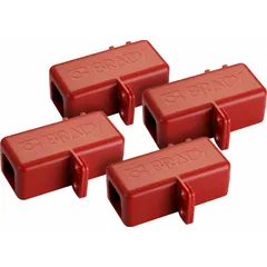 This battery cable lockout is made of ABS plastic and accommodates a maximum plug diameter of 1 1/4 in and a maximum cord diameter of 2 29/32 in. It is sold in a pack and used in lockout/tagout procedures to secure battery cables during maintenance, preventing accidental reconnection.