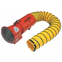 This axial blower and ducting combination unit operates at 120 V AC with a 1/3 hp motor and 3,200 RPM blower speed. It includes a 15 ft duct with extension canister and has an 8 in duct diameter. Used for ventilating confined spaces such as tanks, vaults, and manholes to supply fresh air or exhaust fumes