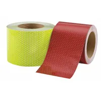 Reflective tape for marking emergency vehicles, construction vehicles, and utility trucks. Fluorescent lime/red color with acrylic adhesive. 6-inch width, 50-yard length