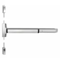 This stainless steel surface vertical rod exit device features a touchbar style for push-pad operation. It is ADA compliant and designed for doors up to 36 inches wide. Outside trim is not included. Suitable for commercial egress applications requiring code-compliant emergency exit hardware