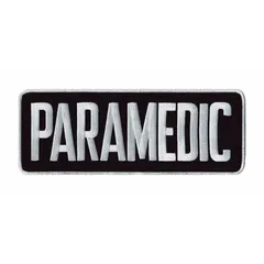 Embroidered insignia measuring 11 inches by 4 inches, featuring a white design on a navy background. Constructed from a blend of polyester and rayon with a backing for attachment. Used for identification on uniforms, bags, or tactical gear in emergency medical services, fire departments, and law enforcement.
