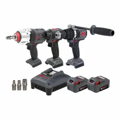 This 20V cordless combination kit includes a hammer drill/screwdriver from the IQV20 series. The hammer drill/screwdriver operates on 20 V DC and is suited for drilling and screwdriving tasks in materials such as wood, metal, and masonry. The kit is intended for use in maintenance, repair, and construction applications.