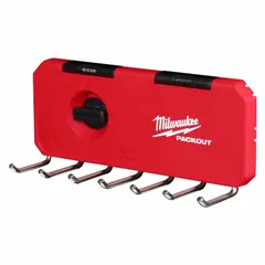 This PACKOUT Storage Hook attaches to compatible tool cases, providing a hanging point for tools, cords, or accessories. Made of red plastic, it measures 9-1/2 in wide, 3-1/2 in high, and 3 in deep, with a 25 lb weight capacity. Suitable for job sites, workshops, and service vehicles to keep gear organized.