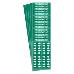 Green adhesive pipe marker with white legend reading 'Pumped Condensate'. Designed for pipes with outside diameter of 3/4 in and smaller. Includes directional arrows to indicate flow. Pack of 5 markers for identifying pumped condensate lines in industrial piping systems.