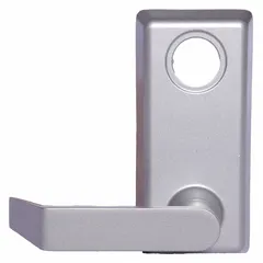 Silver aluminum lever trim for mechanical exit devices. Designed for left-hand reverse doors, this ADA-compliant trim provides outside lever operation on doors equipped with push-bar exit devices. Suitable for commercial applications requiring code-compliant egress hardware.
