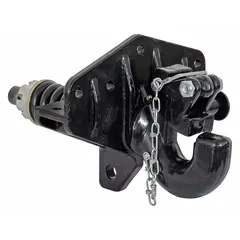 This pintle hook is constructed from steel with a powder-coated finish. It has a gross towing weight capacity of 6,000 lb and a gross trailer weight capacity of 30,000 lb. Used for heavy-duty towing applications such as connecting trailers to trucks or industrial equipment.
