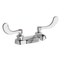Cast brass construction with polished chrome finish. Centerset handle design with 0.5 gpm flow rate. Includes mounting hardware. Suitable for bathroom sink installations in commercial and residential settings