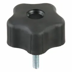 Plastic 5-arm knob with steel threaded stud for manual clamping and adjustment. Thread size 1/4"-20, thread length 1 in. Suitable for hand-tightening on machinery, jigs, and fixtures.