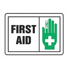 Vinyl first aid sign with adhesive mounting for quick application to walls, doors, or equipment. Each sign measures 3-1/2 x 5 inches nominal, 0.02 inches thick. Not retroreflective, not glow-in-the-dark, no anti-slip surface. Pack of 5.