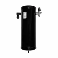 Steel shell suction line accumulator with copper connections and a metering orifice. Designed to protect compressors in refrigeration and HVAC systems by preventing liquid slugging. Connection size is 3/8 in sweat. Height 11.12 in, diameter 5 in, capacity 6.6 lb