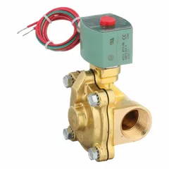This REDHAT solenoid valve is a 2-way, 2-position normally closed type with a 1 in pipe size and 12V DC operation. It features a watertight coil enclosure and is designed for high-flow applications. Suitable for on/off control of liquids or gases in fluid handling systems.