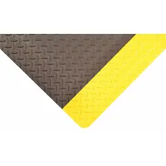 This 5 ft x 75 ft antifatigue mat is 9/16 in thick and constructed from vinyl over nitrile/rubber foam with an anti-slip backing. The black mat with a yellow border is suited for industrial workstations, assembly lines, and high-traffic areas where standing workers require comfort and slip resistance.