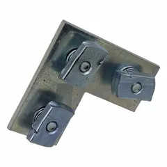 Steel flat fitting corner plate with three 9/16 in diameter holes. Used to join and reinforce strut channels in industrial framing, cable tray, and pipe support systems.