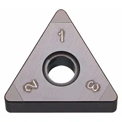 Triangle-shaped indexable turning insert with CBN grade for hard turning of ferrous materials. Used in finishing operations on hardened steels and cast irons. Manufacturer part number TNGA331S00245MEPKBN05M.