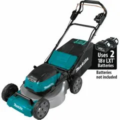 This battery-powered lawn mower features a 21-inch steel deck and variable speed settings for residential turf maintenance. It offers single-point cutting height adjustment and operates on the LXT® battery platform. Sound level exceeds 65 dB.