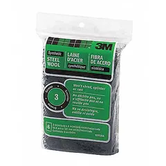 This synthetic steel wool pad is grade #3 coarse, measuring 3 inches by 4-1/2 inches. It is suitable for surface preparation, heavy-duty cleaning, paint removal, and deburring on metal, wood, and other surfaces. The synthetic material resists rusting. Pack of 18.