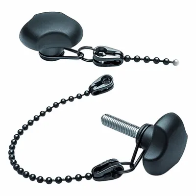 ELESA Hand Knob: 3 Point, M10 Thread, Stud, 200 mm Tether Lg, Black, Plastic - Tethered Corrosion-Resistant 3-Arm Knobs with Threaded Stud