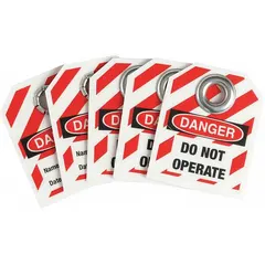 This plastic Danger Do Not Operate tag features a write-on surface for recording date and name. It is printed in English and includes the word Danger. Used in lockout/tagout procedures to communicate hazards and prevent accidental equipment operation during maintenance or repair.